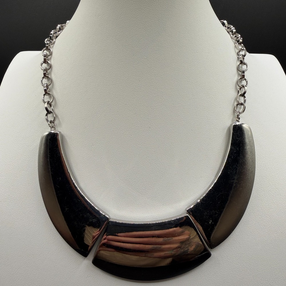 Silver Tone Chunky Geometric Bib Necklace Modernist Statement Collar Vintage